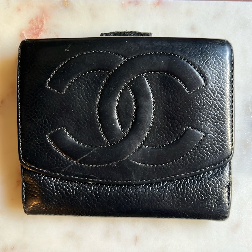 GUC Chanel Caviar Leather double snap wallet